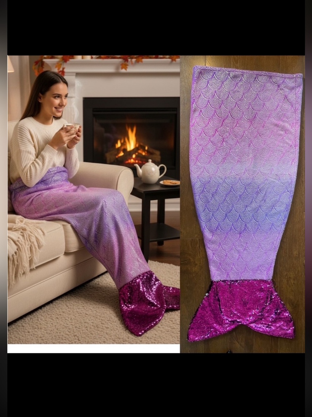 Mermaid Fish Tail Cozy Ombre Shiny Sequin Blanket. Pink/Purple
